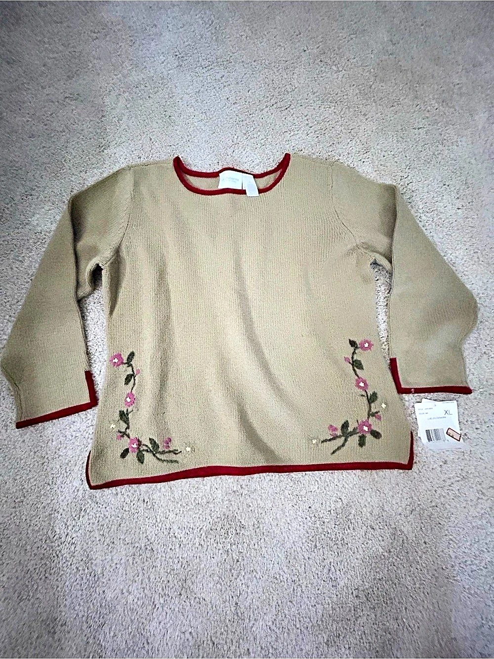 Liz Claiborne Luxel Utilitarianism Floral Sweater Beige & Red XL NWT